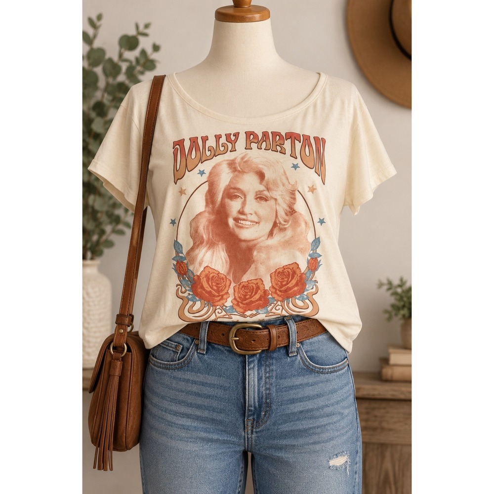 Dolly Parton Graphic Tee Cream Scoop Neck Short Sleeve Crop Top Large